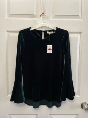 Calvin Klein Emerald Green Velvet Women's Blouse Top, Bell Sleeves, Size XS, NWT